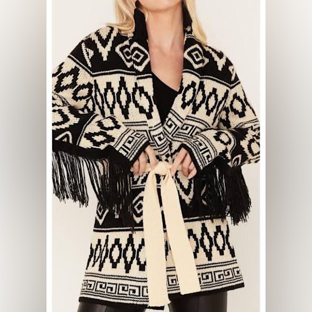 Black & Cream Fringe Knit Cardigan Sweater